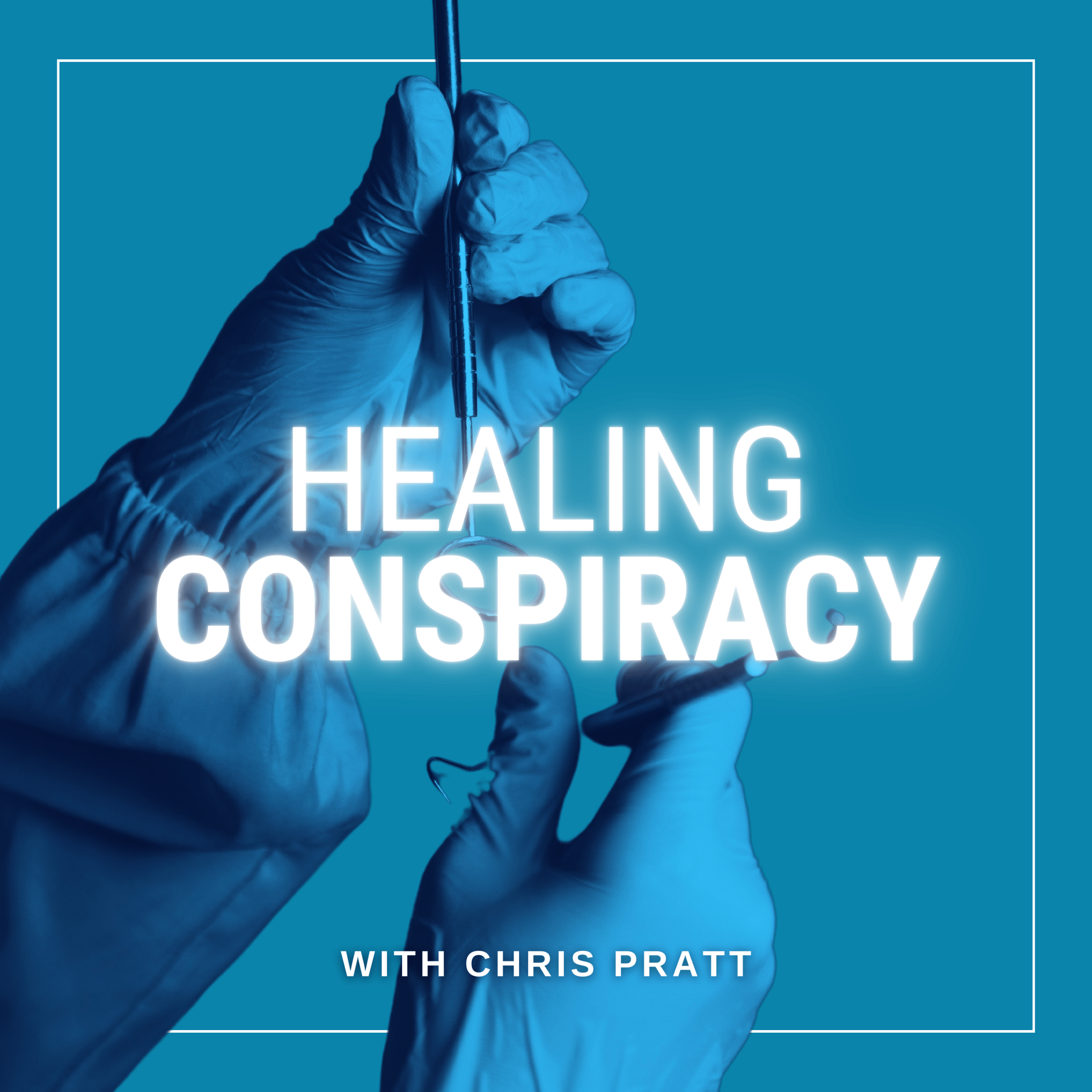 healing conspiracy art with two hands with gloves holding surgical instruments and a blue overlay.